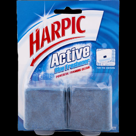 Harpic Blue Power Tropical Atlantic Burst Scent Toilet Block Cleaner, 114g, efficiently cleans and freshens toilets with every flush.