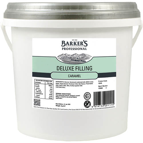 Rich 5kg tub of Barker's Caramel Deluxe Filling, perfect for cakes, pastries, and desserts with a smooth, luxurious texture.