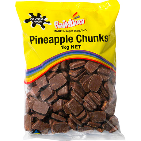 Vibrant Rainbow Chocolate Pineapple Chunks, featuring juicy pineapple coated in rich chocolate, perfect for snacking and celebrations.