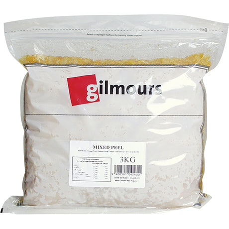 Gilmours Mixed Peel 3kg, a vibrant blend of candied citrus peels for baking and cooking, enhancing flavors in desserts and dishes.