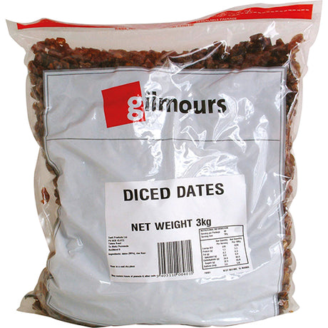 Gilmours Diced Dates 3kg - bulk naturally sweet dates, perfect for baking, snacking, and adding to meals for a health boost.