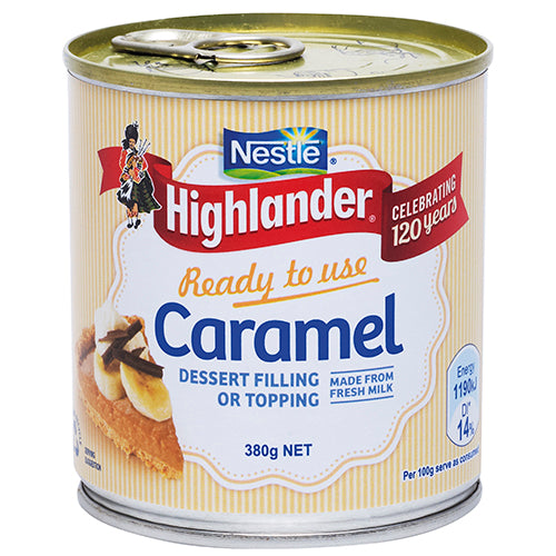 Rich and creamy Nestle Highlander Caramel Sweetened Condensed Milk, perfect for desserts with a natural taste.