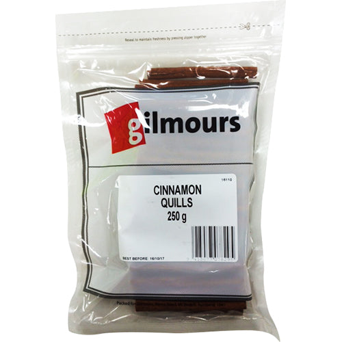 A 250g pack of Gilmours Cinnamon Quills, aromatic cinnamon bark for baking, beverages, and savory dishes.