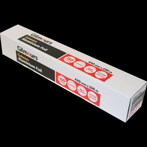 Durable Gilmours Caterers Foil, 440mm wide and 150m long, ideal for wrapping, roasting, and food storage in busy kitchens.