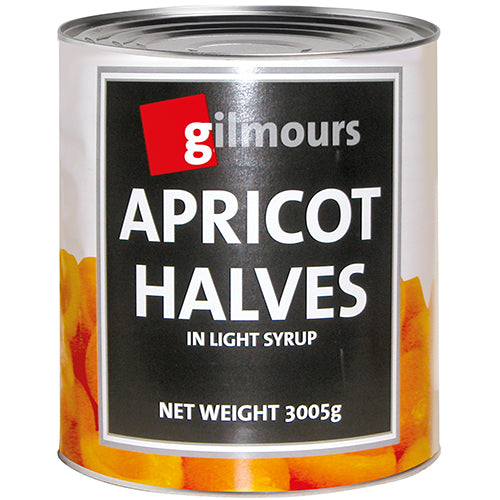 Gilmours Apricot Halves in Syrup, featuring juicy apricot halves in a rich syrup, ideal for desserts and breakfast toppings.