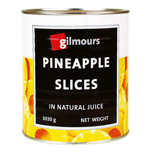 Canned Gilmours pineapple slices in natural juice, perfect for snacking, baking, or tropical dishes, rich in vitamin C.