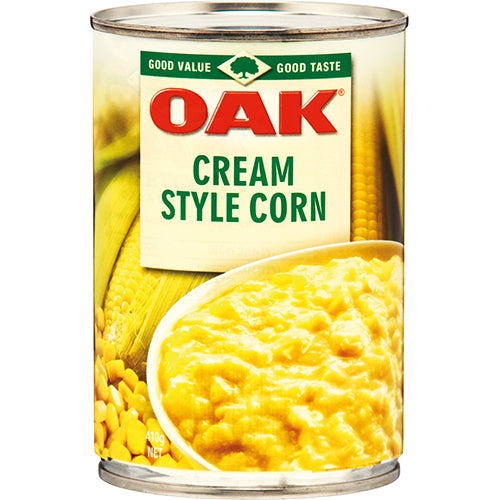 Canned Oak Cream Style Corn (410g) - versatile, creamy corn ideal for soups, dips, fritters, and various savory dishes.