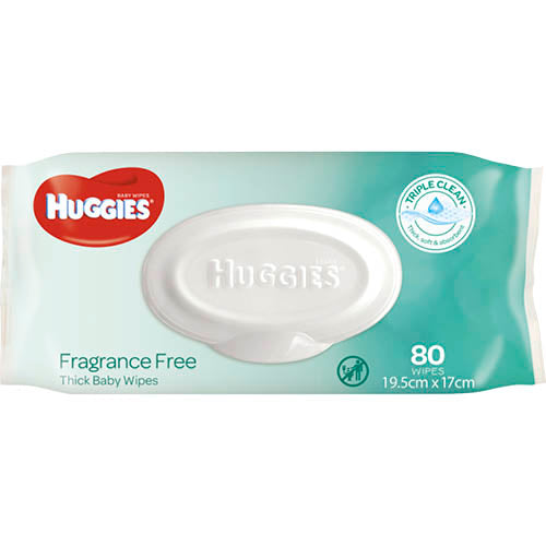 Huggies Fragrance Free Baby Wipes 80pk, ultra-soft and gentle, featuring 90% natural ingredients for sensitive baby skin.