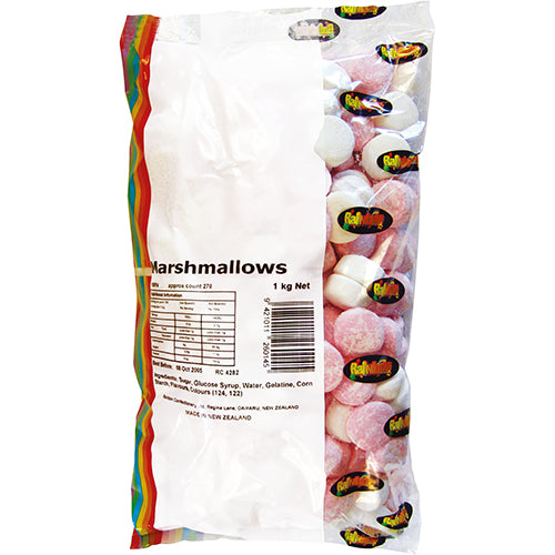 Colorful 1kg pack of fluffy rainbow marshmallows, perfect for roasting, baking, or enjoying as a sweet treat.