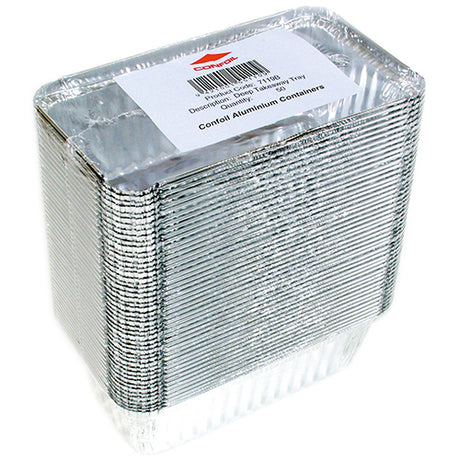 Deep Confoil takeaway tray in bulk packaging of 50, ideal for food service and takeout applications.