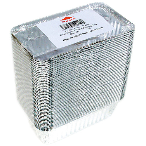 Deep Confoil takeaway tray in bulk packaging of 50, ideal for food service and takeout applications.