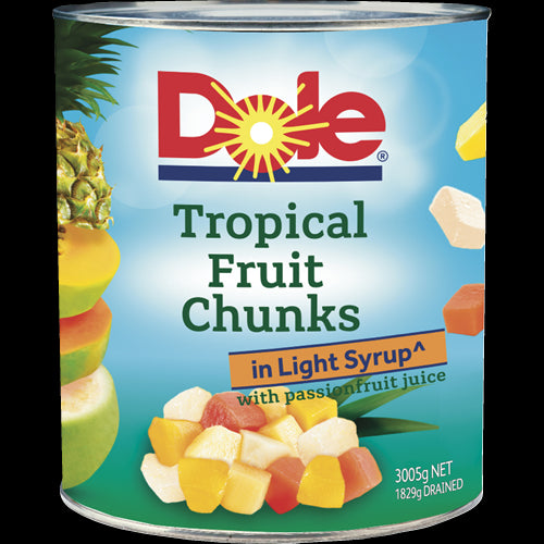 Dole 3kg can of tropical fruit chunks in light syrup with passionfruit juice, featuring pineapple, papaya, and guava.