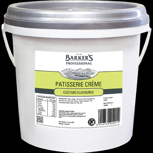 Barker's 4.5kg Custard Flavoured Patisserie Crème, creamy filling for pastries, made with premium ingredients for rich flavor.