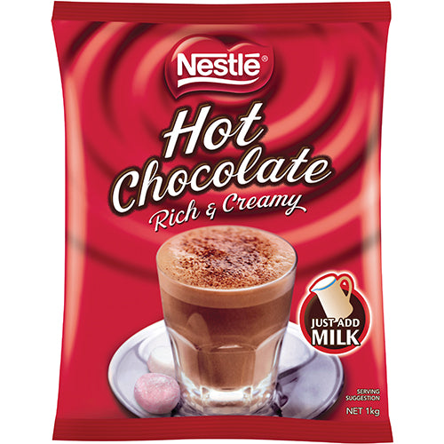 Nestle Rich & Creamy Hot Chocolate 1kg pack, offering velvety texture and rich flavor for cozy moments and gatherings.