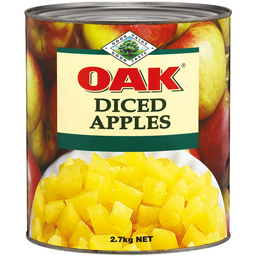 Juicy diced oak apples in a 2.7kg can, perfect for desserts, breakfast, and savory dishes.