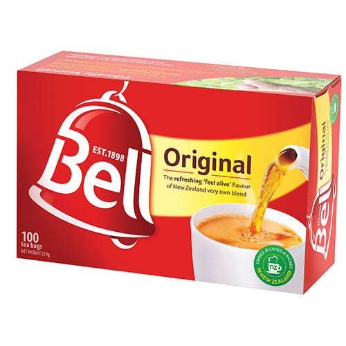 Bell Original Black Tea Bags 100pk: A pack of 100 eco-friendly tea bags offering a rich, 'feel alive' flavor, perfect for Kiwi taste buds.