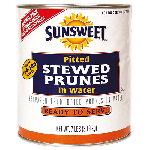 Juicy Sunsweet stewed prunes in a 10 oz can, packed with fiber and nutrients, perfect for snacking or baking.