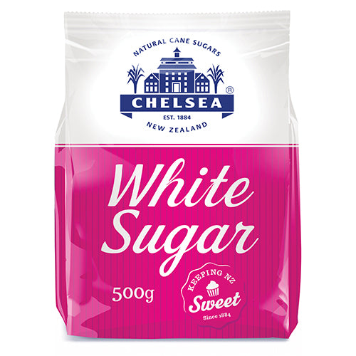 Chelsea White Sugar 500g in a resealable bag, ideal for baking, cooking, and sweetening beverages with premium quality.