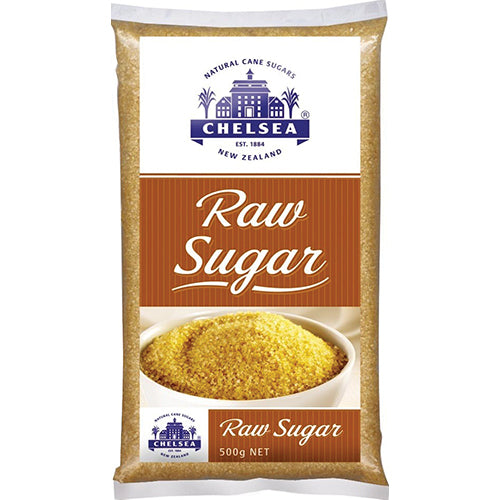 Chelsea Unrefined Raw Sugar 500g package, featuring natural sweetness with molasses, perfect for baking and healthier recipes.