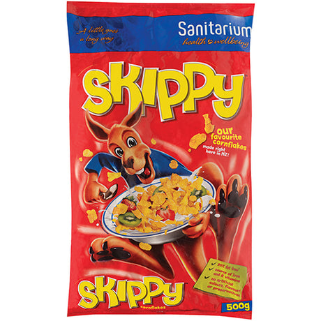 Golden toasted Sanitarium Skippy Cornflakes 500g, a Kiwi breakfast favorite known for its delicious crunch and wholesome goodness.