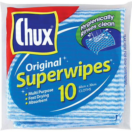 Chux Original Superwipes 10pk, versatile cleaning cloths with double action holes for efficient dirt and spill pickup.