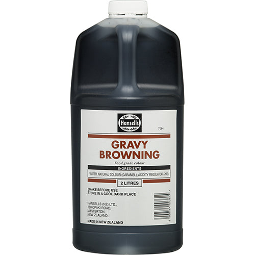 Rich, dark gravy browning in a 2L bottle, enhancing flavors and color for gravies, sauces, and various dishes.