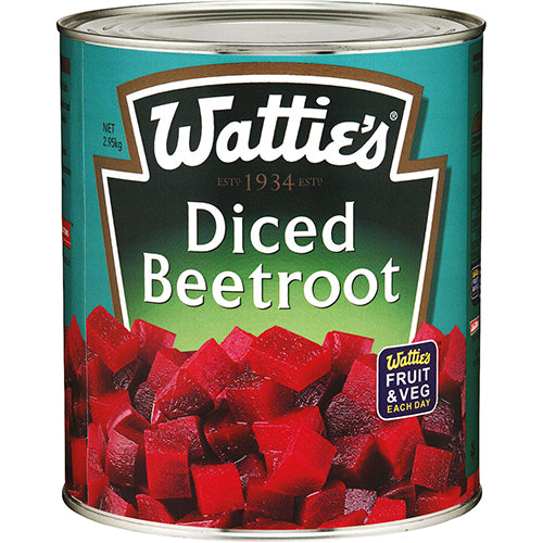 Image of Wattie's Diced Beetroot 2.95kg, a vibrant, pre-diced ingredient ideal for salads and sides, packed with nutrients.