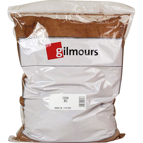 Rich and versatile Gilmours Baking Cocoa in a 3kg package, perfect for all your baking needs.