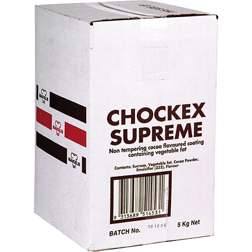 High-quality Bakels Supreme Chockex 5kg chocolate couverture, perfect for baking, dipping, and enrobing desserts.