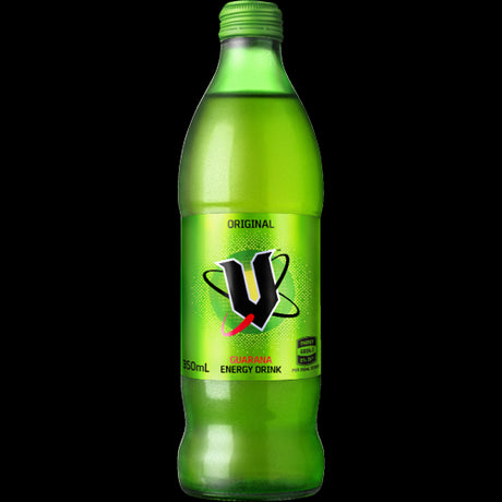 V Original Guarana Energy Drink pack of 24, 350ml cans, offering a refreshing energy boost with natural guarana extract.