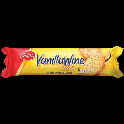 A 250g pack of Griffin's Vanilla Wine Biscuits, featuring smooth vanilla flavor and a nostalgic, classic recipe.