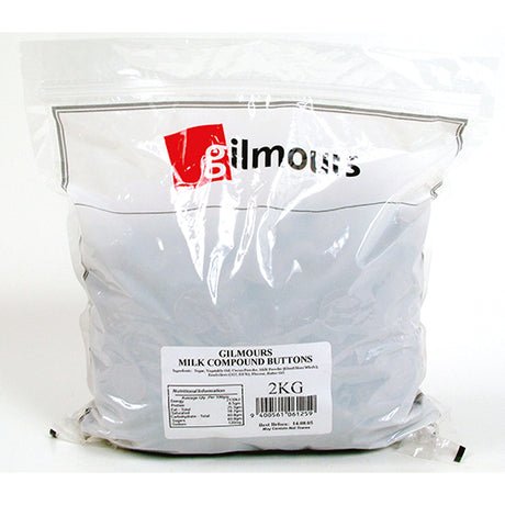 Gilmours Milk Chocolate Compound Buttons 2kg, ideal for baking, melting easily for delicious desserts and chocolate creations.