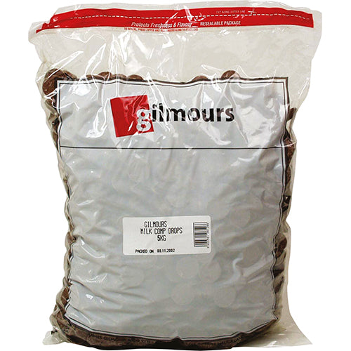 Gilmours 5kg Milk Chocolate Compound Buttons, perfect for melting, baking, and decorating delicious treats.