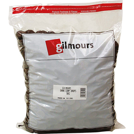 Gilmours 5kg dark chocolate compound buttons, ideal for baking and confectionery.