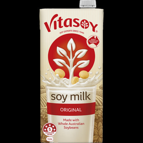 Vitasoy Original Soy Milk 1L carton features wholesome soy goodness, is dairy-free, rich in protein, vitamins, and calcium.