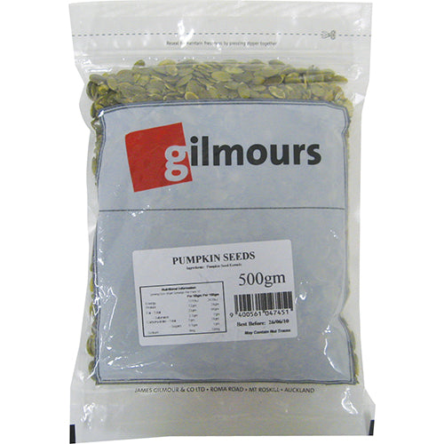 Roasted and lightly salted Gilmours Pumpkin Seeds 500g, packed with nutrients for healthy snacking and cooking.