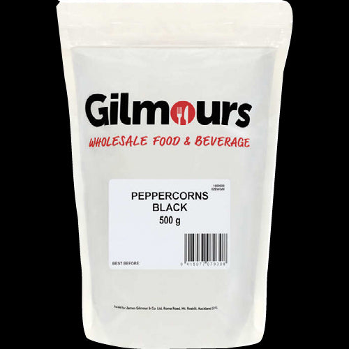 Gilmours Black Peppercorns 500g pack, perfect for adding bold flavor to any dish, sourced from premium organic peppers.