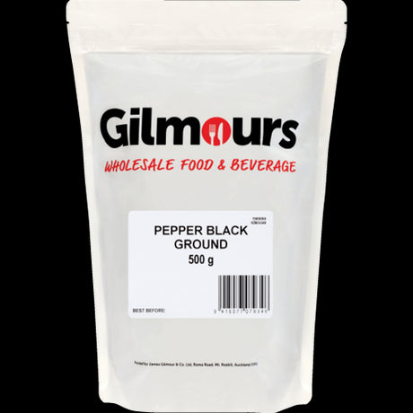 Gilmours Black Ground Pepper 500g, a flavorful spice for seasoning meats, soups, and sauces in a convenient pack.