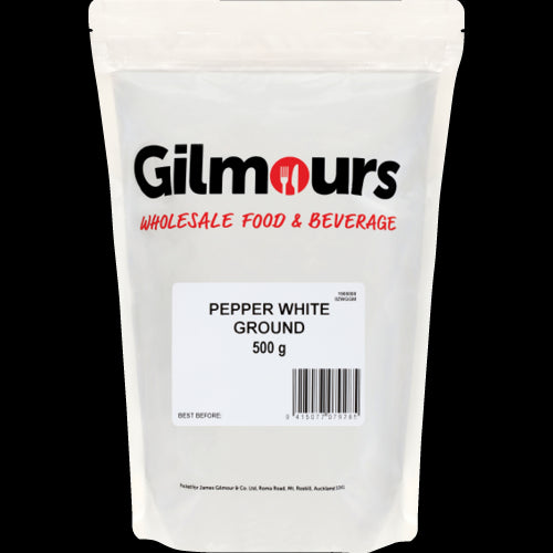 Gilmours White Ground Pepper 500g package showcasing fine white pepper ideal for enhancing soups, sauces, and seafood dishes.