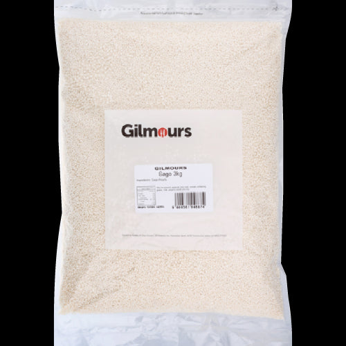 High-quality Gilmours Sago Pearls in a 3kg pack, perfect for enhancing puddings, soups, and desserts.