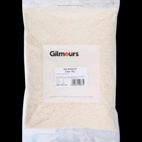 High-quality Gilmours Sago Pearls in a 3kg pack, perfect for enhancing puddings, soups, and desserts.