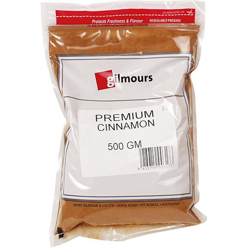 Gilmours Premium Cinnamon 500g bag featuring rich aroma, finely ground spice for versatile culinary use and health benefits.