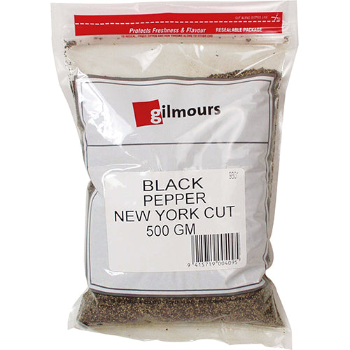 Gilmours New York Cut Black Pepper 500g, premium spice for enhancing flavors in gourmet dishes and everyday cooking.