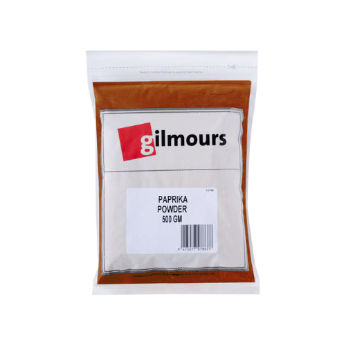 Gilmours Paprika Powder 500g pack, perfect for adding color and flavor to dishes.