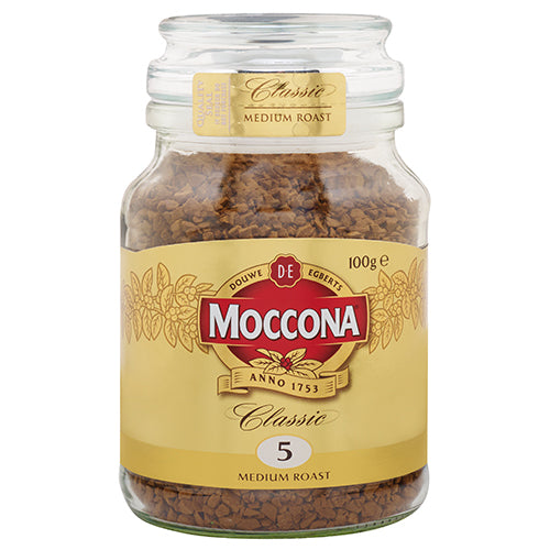 Moccona Classic Medium Roast 100g jar of freeze-dried instant coffee, perfect for rich, aromatic coffee anytime.