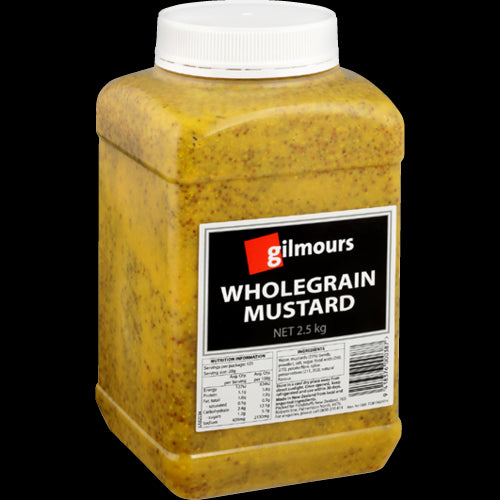 Gilmours Whole Grain Mustard 2.5kg jar, featuring coarse mustard seeds for a bold, tangy flavor perfect for various dishes.