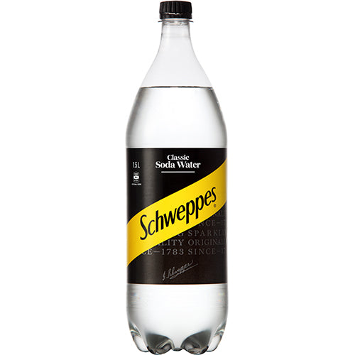 Schweppes Classic Soda Water 1.5L bottle, featuring crisp sparkling refreshment, ideal for sipping or mixing drinks.