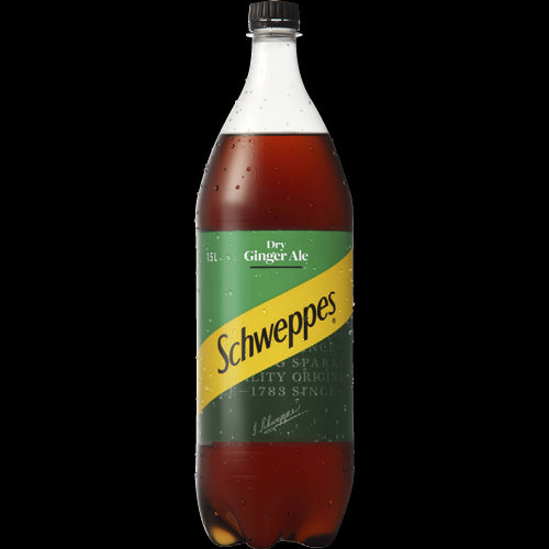 Schweppes Dry Ginger Ale 1.5L bottle, featuring a crisp ginger flavor, perfect for cocktails or refreshing enjoyment.