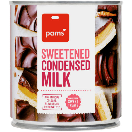 Pams Sweetened Condensed Milk 395g in a can, perfect for desserts, adding creamy texture and sweetness to recipes.