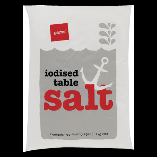 Pams Iodised Table Salt 2kg bag, fine textured salt enriched with iodine for cooking and baking, features a free-flowing agent.